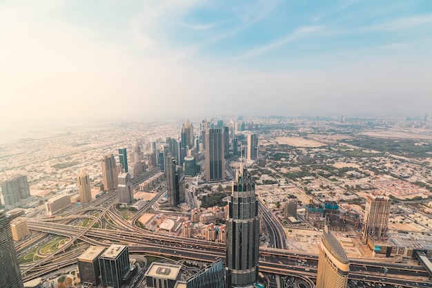 Sunset of panoramic aerial view of downtown in Dubai