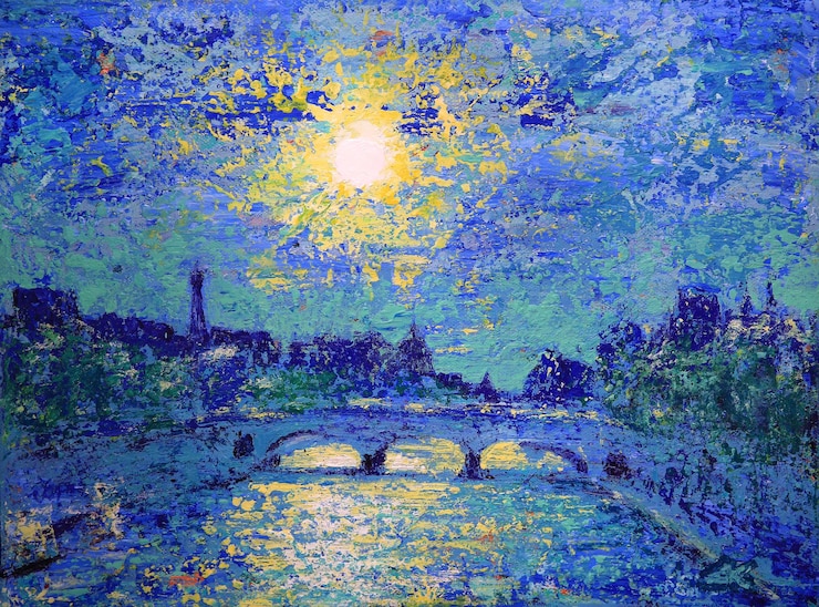 Photo sunset in paris, france, painted by acrylic