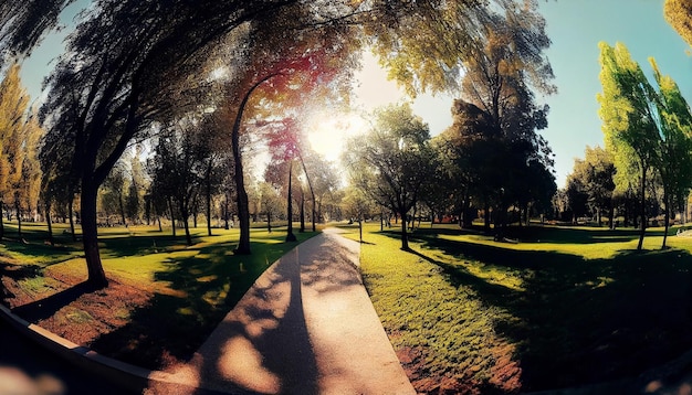 Foto tramonto nel parco con alberi ed erba vintage tonicagenerativa ai