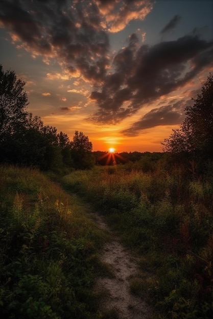 Sunset on a path in the woods