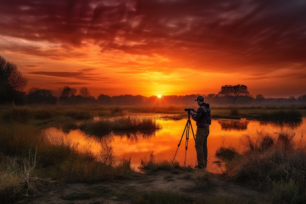 Sunset photographer Work lens outdoor Generate Ai