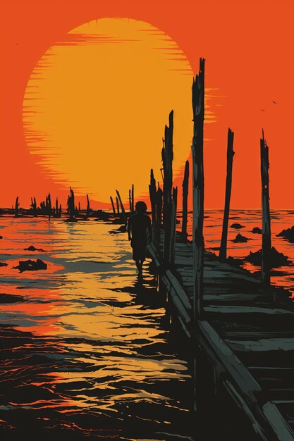 Sunset over a pier with a boat in the water generative ai