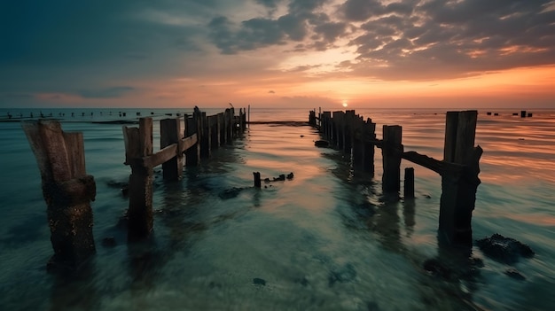 A sunset over a pier with a cloudy sky