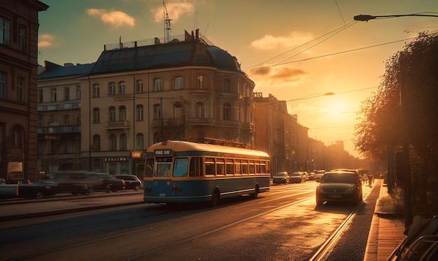 Sunset in polish city with cars on the road