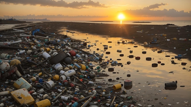 Закат над загрязненным побережьем показывает ущерб окружающей среде