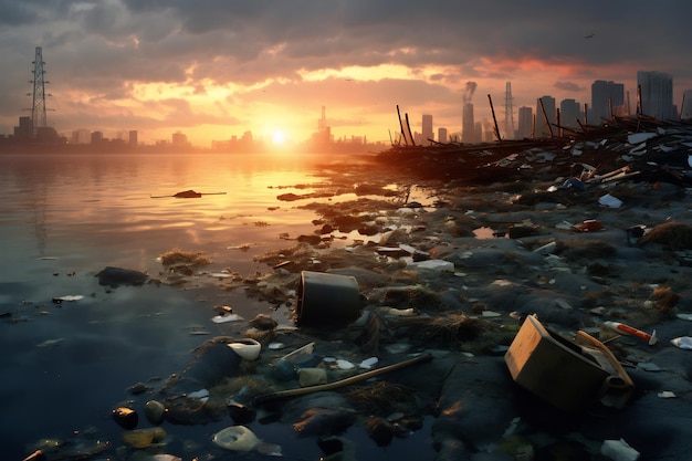 Sunset over polluted coastline reveals environmental damage