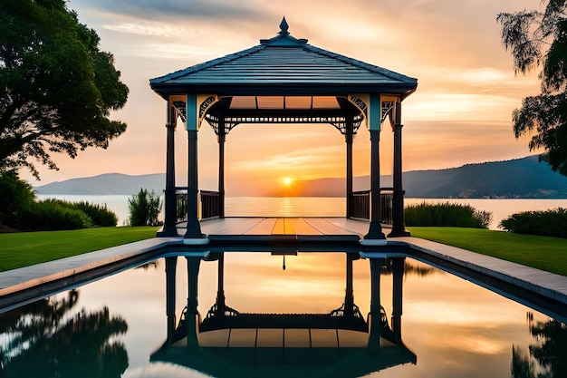 A sunset over a pool with a gazebo and a gazebo.