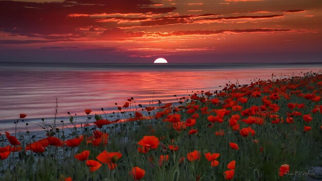 Sunset on a poppy field on the lake shore