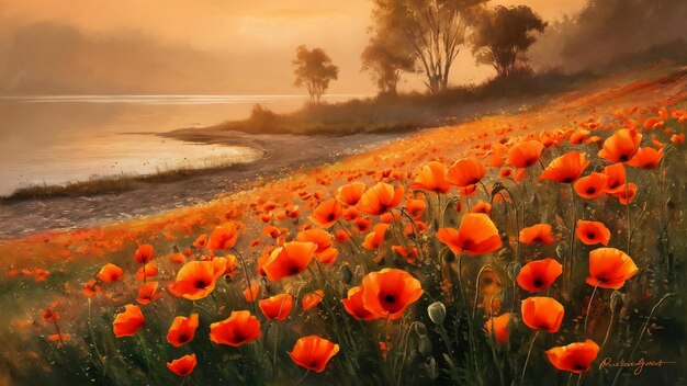 Sunset on a poppy field on the lake shore