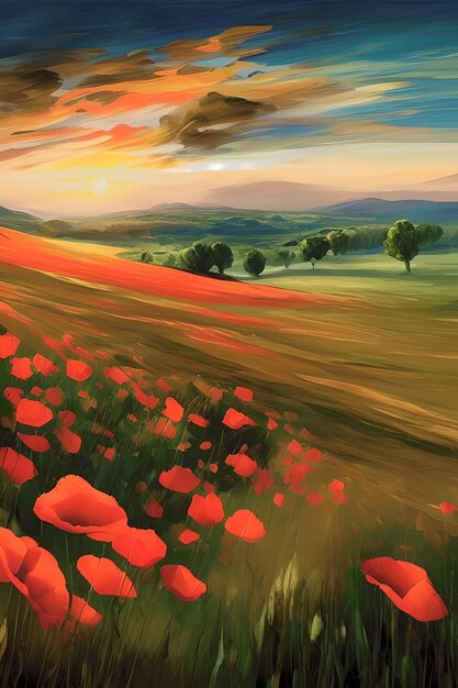 Sunset over the poppy field