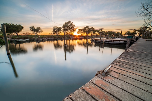 Sunset in the port of Catarroja in Albufera of Valencia.