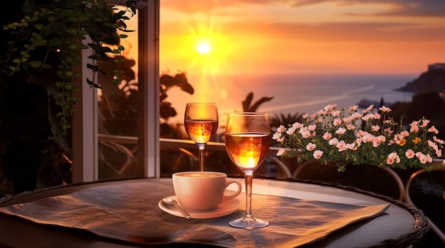 sunset on Portofino cup of coffee on Terrace view on old town and sea mountains
