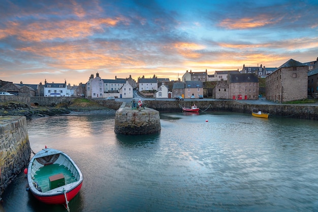 Sunset over Portsoy a fishing village in Aberdeenshire on the east coast of Scotland