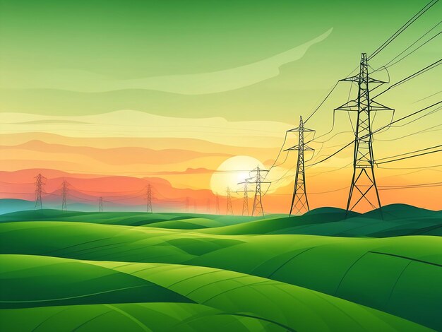 Sunset power lines in a minimalist landscape with transmission towers and green fields