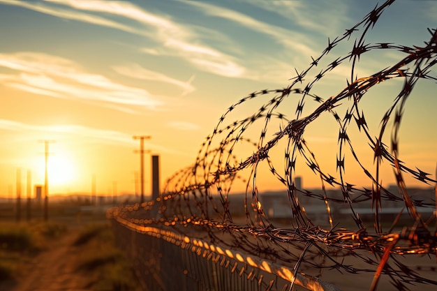 Sunset prison fence with barbed wire