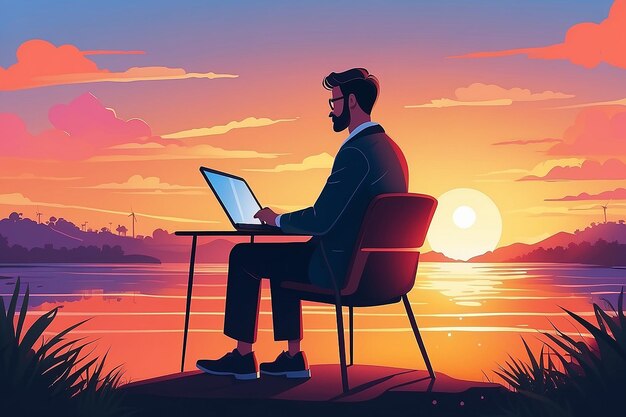 Photo sunset productivity boost evening work vector scene