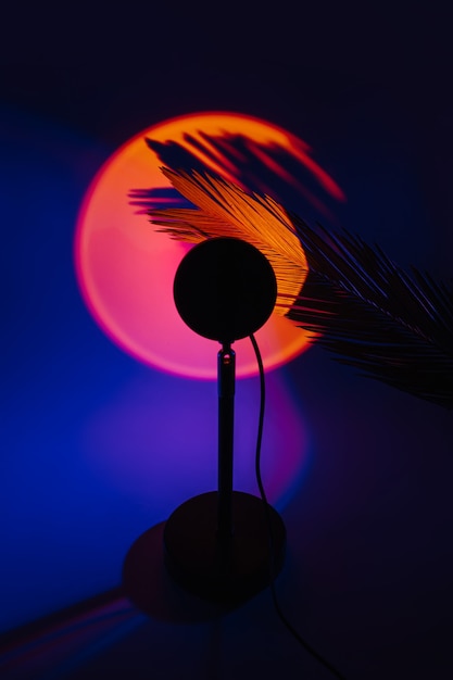 Sunset projector lamp with yellow light and shadow from a palm leaf on dark background.