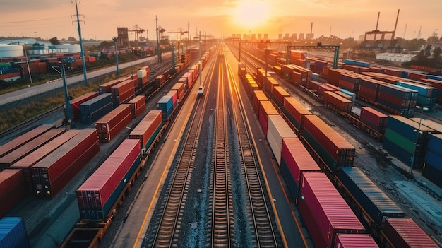 Sunset rays casting over a busy cargo train yard with colorful containers showcasing urban transportation and logistics