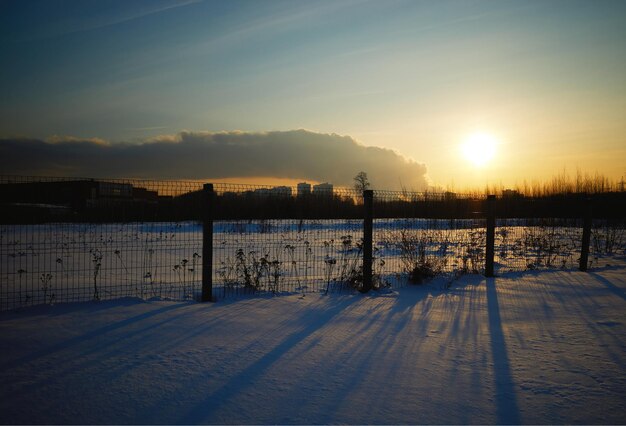 Sunset rays coming though fence urban landscape