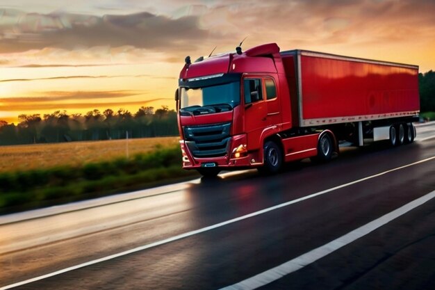 Sunset red trailer driving down the road