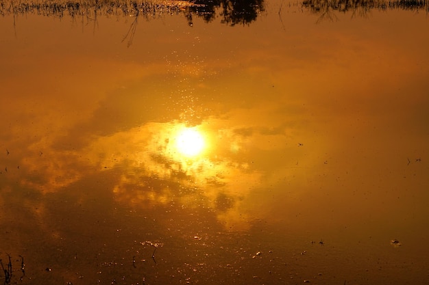 sunset reflected in the water in the evening