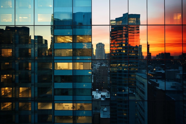 Photo sunset reflected in the windows of a city skyline