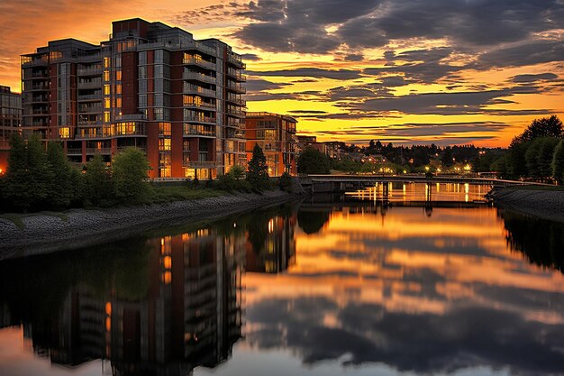 Sunset reflecting on a citys river