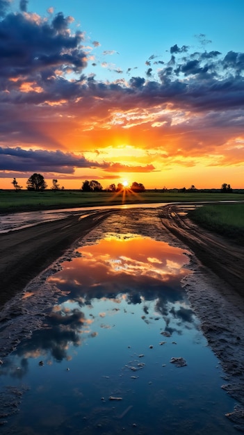 A sunset reflecting the sky and clouds in a puddle of water