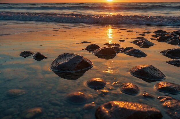 Sunset Reflections on Rocky Seashore