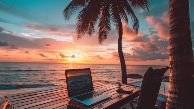 Photo sunset remote work by the tropical beach