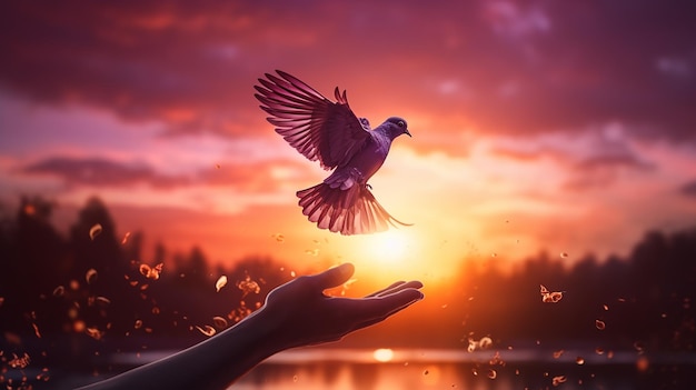 Sunset Reverie Hands Reaching Out for Dove in Artistic Style