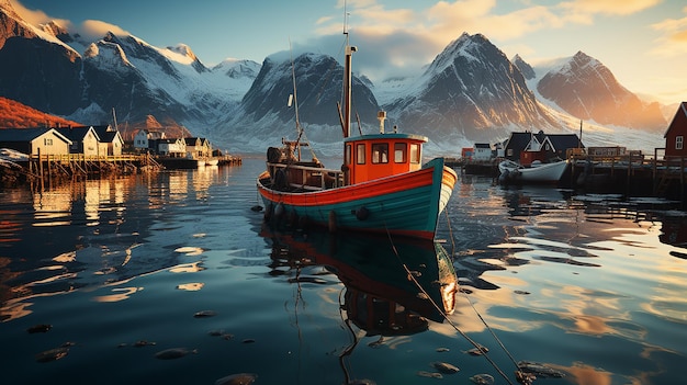 떠다니는 보트가 있는 노르웨이 로포텐 제도의 일몰 환상 바다 스택