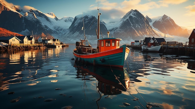 Sunset Reverie Sea Stacks in Lofoten Islands Norway with Floating Boats