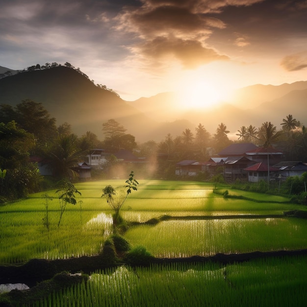 A sunset over a rice field in the mountains