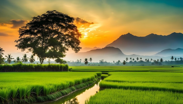 a sunset over a rice field with a mountain in the background