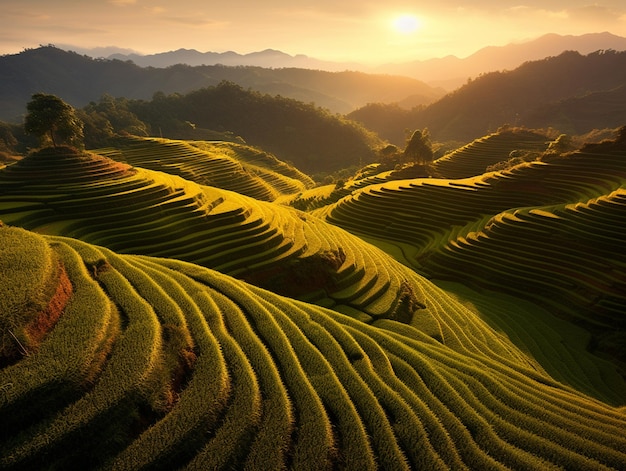 A sunset over a rice field with a mountain in the background