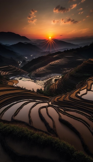 A sunset over a rice field with a mountain in the background