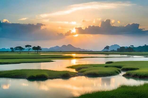 Sunset over a rice field with mountains in the background