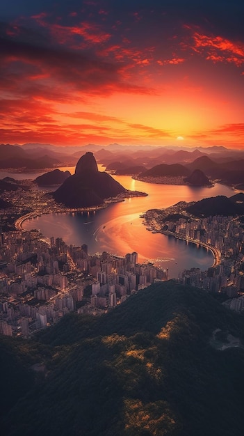 A sunset over rio from the top of the mountain