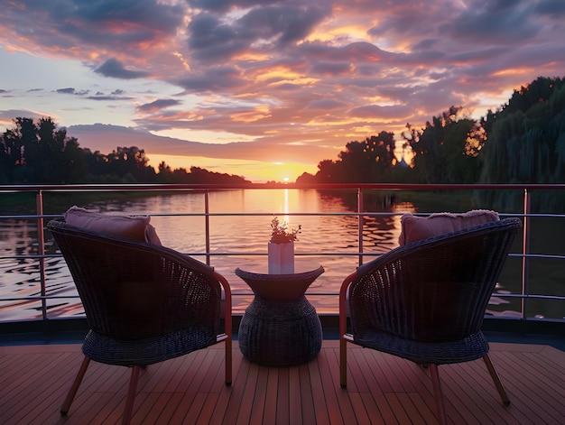 Photo sunset river cruise with inviting chairs ai generated