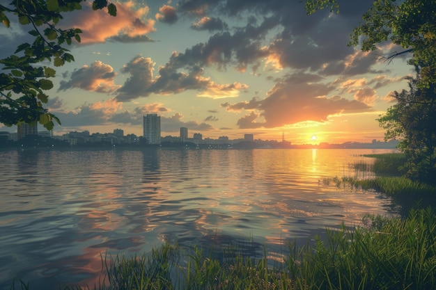 Photo sunset on the river cuiaba with the city in the background