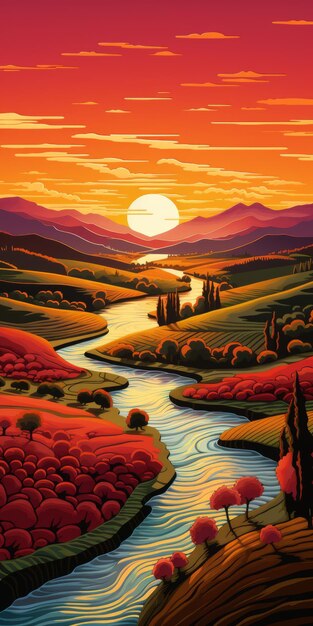 Foto sunset river inlet meandering in toscana illustrazione a fumetti in 8k