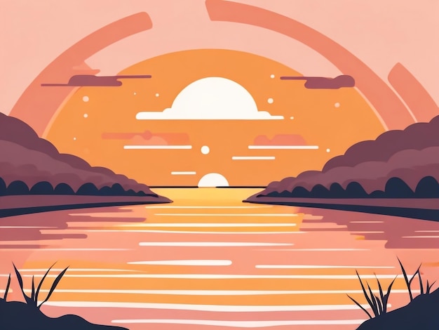 Sunset Over the River Vector Illustration