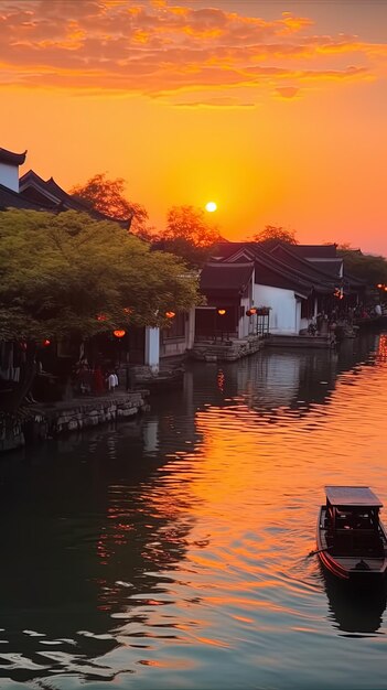 a sunset over a river with a boat and a building in the background