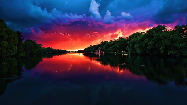 A sunset over a river with a cloudy sky