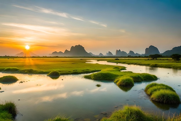 A sunset over a river with a few rocks in the background