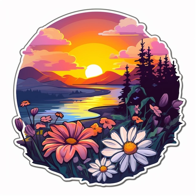 Photo sunset on the river with flowers and mountains in the background