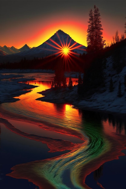 Sunset over a river with a mountain in the background generative ai