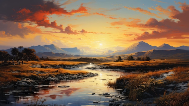 A sunset over a river with mountains in the background