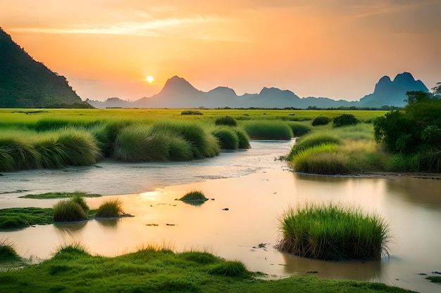 Sunset over a river with mountains in the background